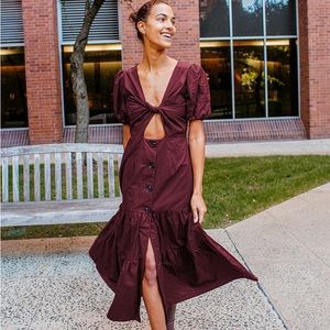 Lulus NWT Burgundy Twist-Front Puff Sleeve Tiered Maxi Dress - Medium